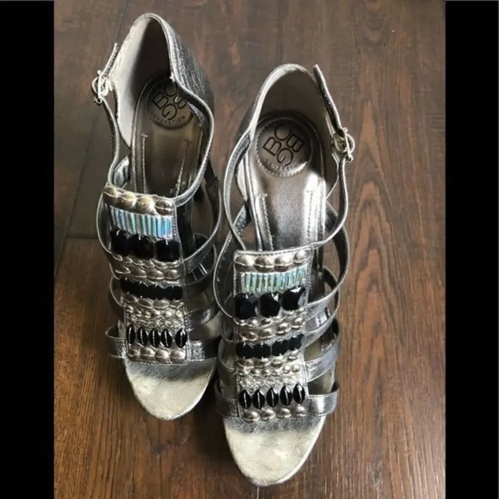 BCBG Platform Sandals, Silver, Patent leather, Embellished, Florescent  beads